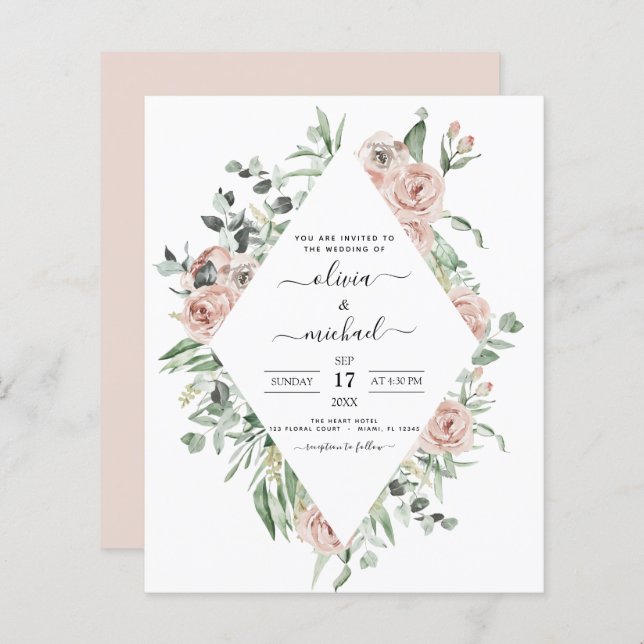 Budget Dusty Pink Eucalyptus Wedding Invitation (Front/Back)