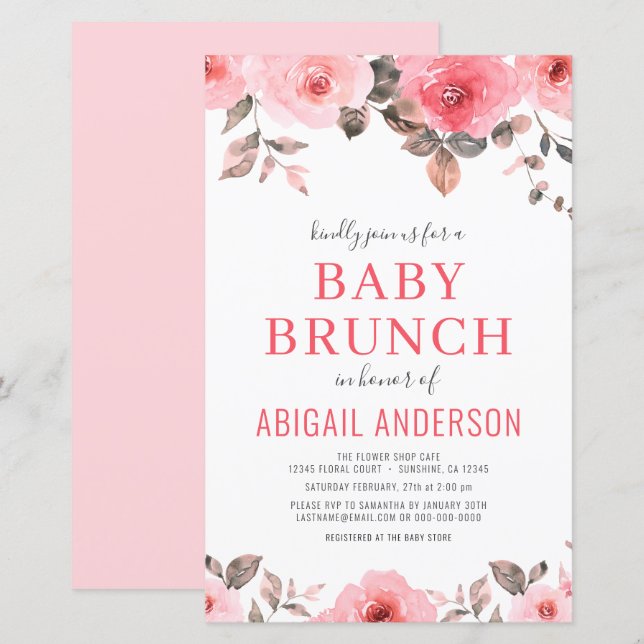 Budget Dusty Pink Floral Baby Brunch Invitation  (Front/Back)