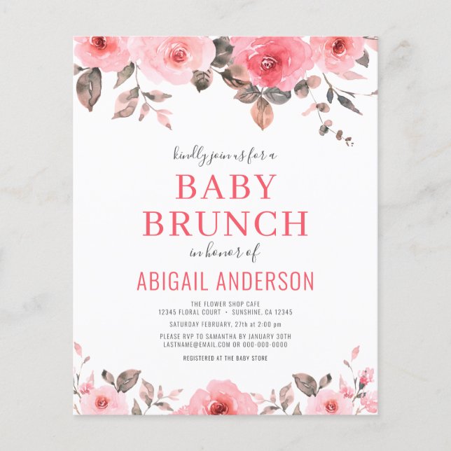 Budget Dusty Pink Floral Baby Brunch Invitation  Flyer (Front)
