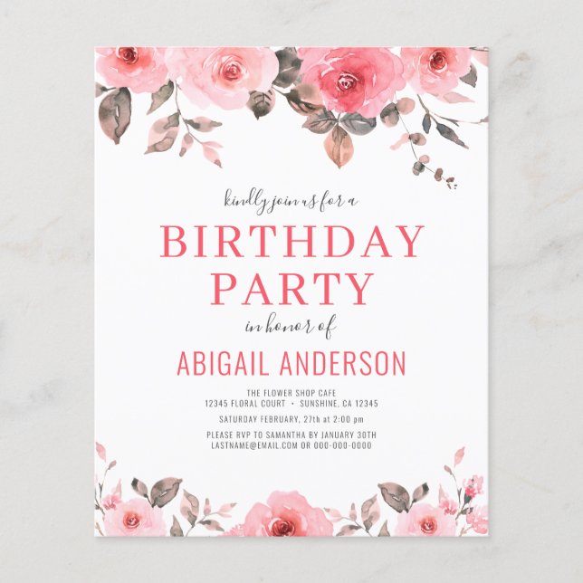 Budget Dusty Pink Floral Birthday Party Invitation Flyer (Front)