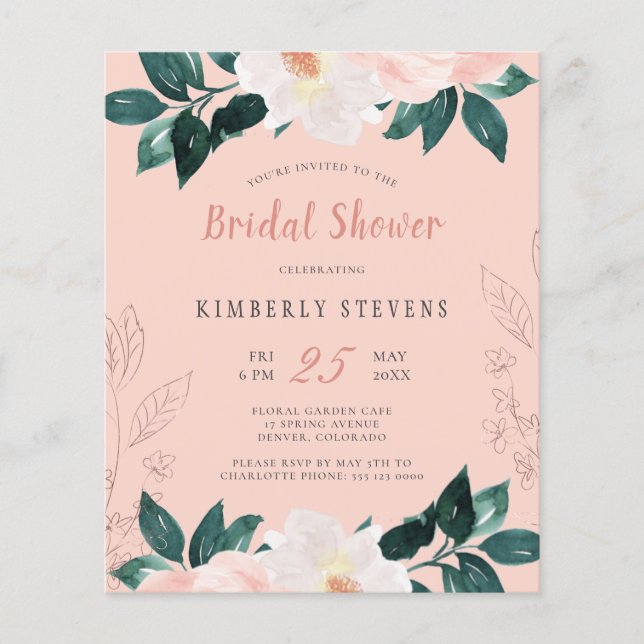 Budget dusty pink floral bridal shower invitation (Front)