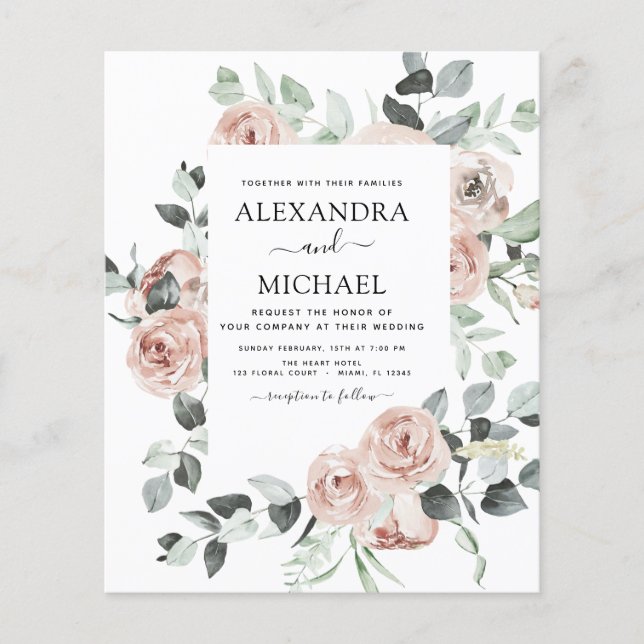 Budget Dusty Pink Floral Wedding Invitation Flyer (Front)