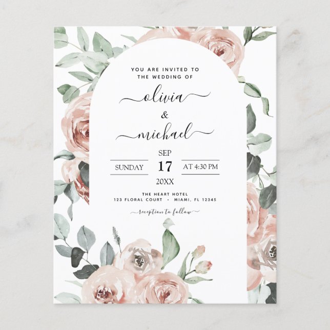 Budget Dusty Pink Floral Wedding Invitation Flyer (Front)