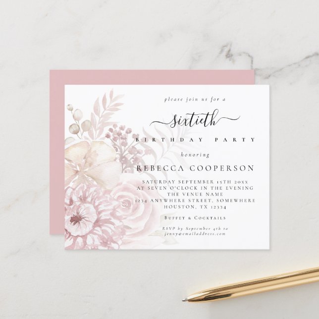 Budget Dusty Pink Florals Female 60th Party Invite (Front/Back In Situ)