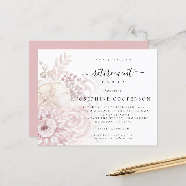 Budget Dusty Pink Florals Female Retirement Invite (Front/Back In Situ)