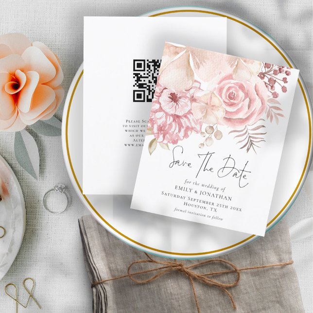 Budget Dusty Pink Florals QR Code Save The Date (Creator Uploaded)