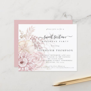 Budget Dusty Pink Florals Sweet Sixteen Invitation