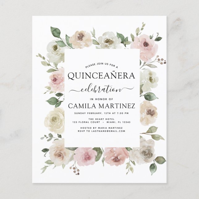 Budget Dusty Pink Quinceañera Floral Greenery Flyer (Front)