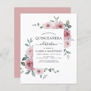 Budget Dusty Pink Quinceañera Floral Invitation
