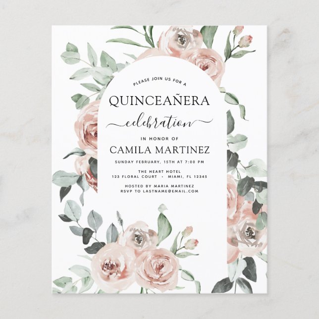 Budget Dusty Pink Quinceañera Floral Invitation Flyer (Front)