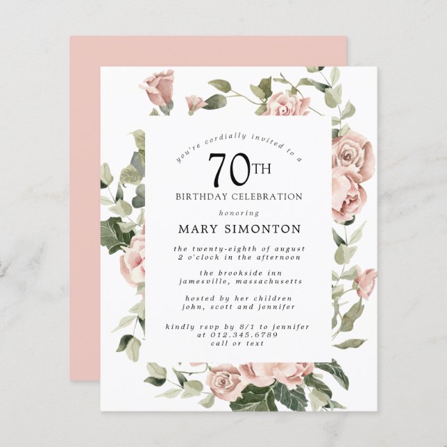 Budget Dusty Pink Rose 70th Birthday Party Invite (Front/Back)