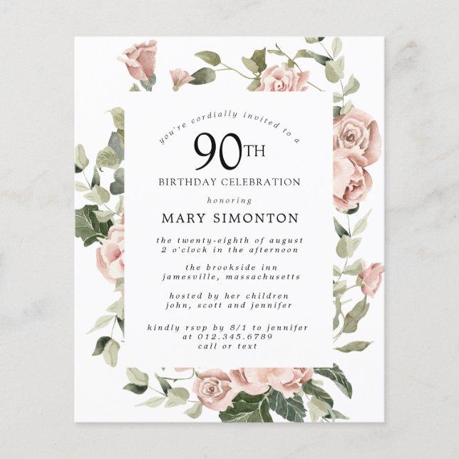 Budget Dusty Pink Rose 90th Birthday Party Invite (Front)