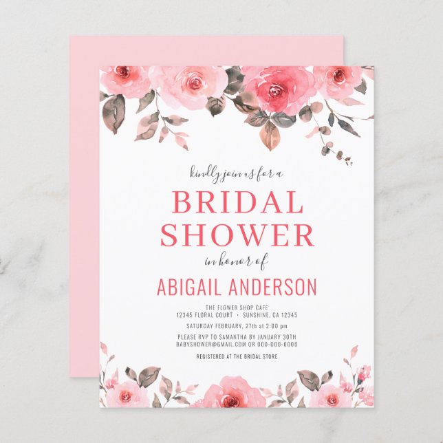 Budget Dusty Pink Rose Bridal Shower Invitation  (Front/Back)