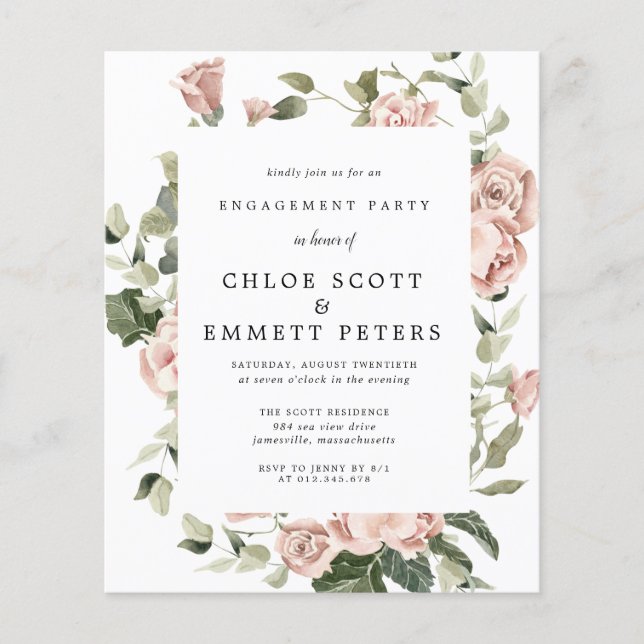 Budget Dusty Pink Rose Engagement Party Invitation (Front)