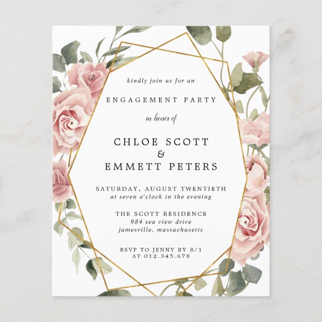 Budget Dusty Pink Rose Engagement Party Invitation (Front)