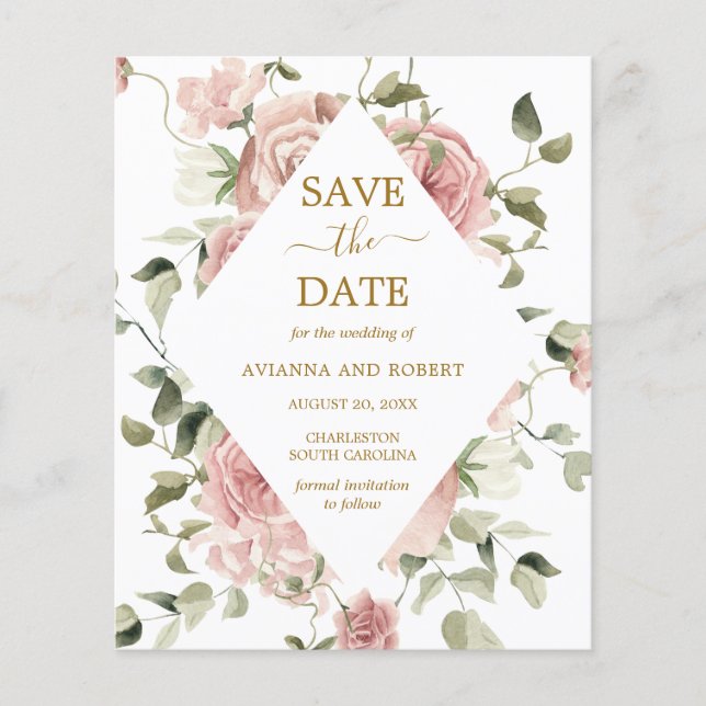 Budget Dusty Pink Rose Floral Photo Save The Date (Front)
