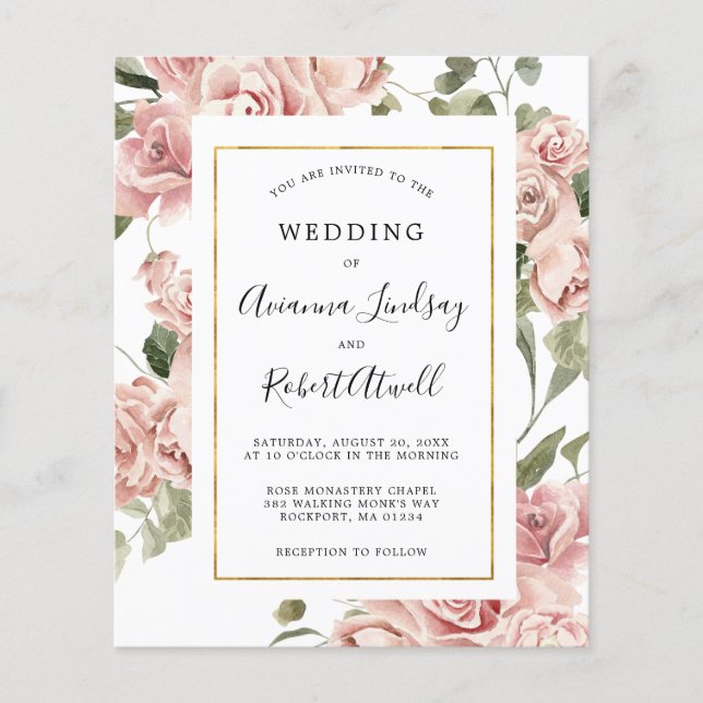 Budget Dusty Pink Rose Floral Wedding Invitation (Front)