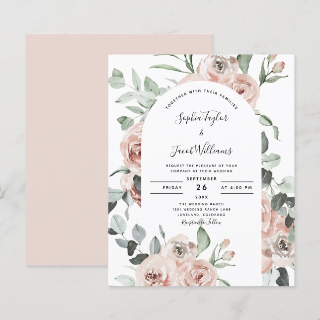 Budget Dusty Pink Roses Floral Wedding Invitation  (Front/Back)