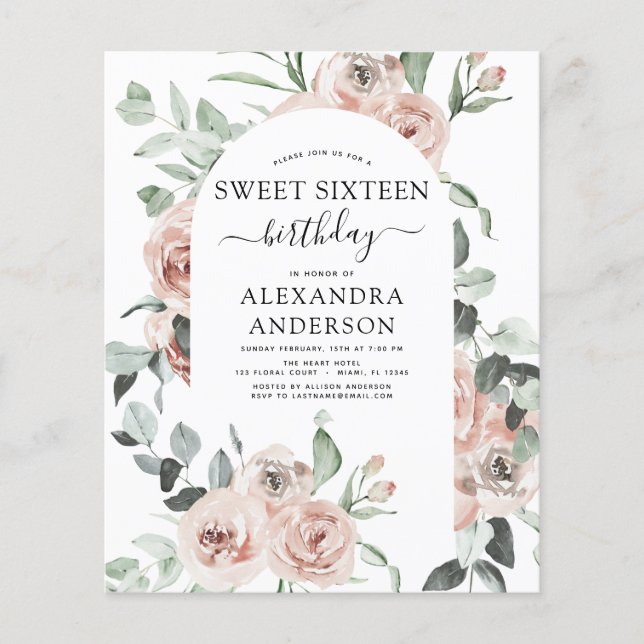 Budget Dusty Pink Sweet Sixteen Birthday Party Flyer (Front)