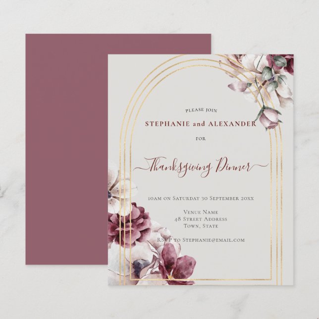 Budget Dusty Plum Floral Thanksgiving Invite (Front/Back)