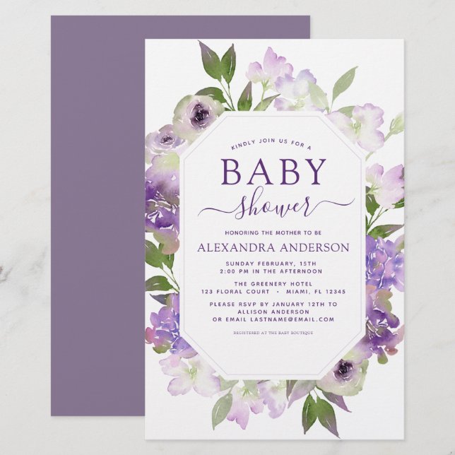 Budget Dusty Purple Floral Greenery Baby Shower (Front/Back)