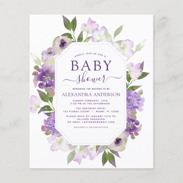 Budget Dusty Purple Floral Greenery Baby Shower Flyer (Front)