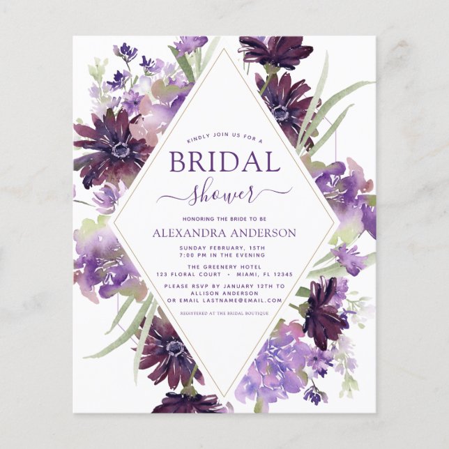 Budget Dusty Purple Floral Greenery Bridal Shower Flyer (Front)