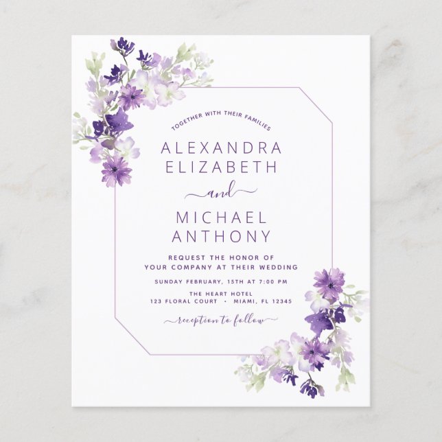 Budget Dusty Purple Wedding Floral Greenery Flyer (Front)