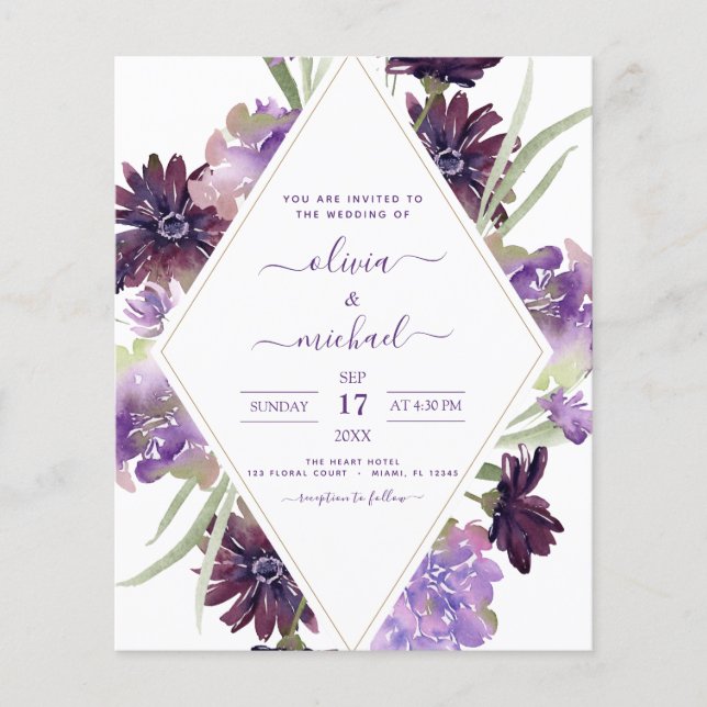 Budget Dusty Purple Wedding Floral Greenery Flyer (Front)