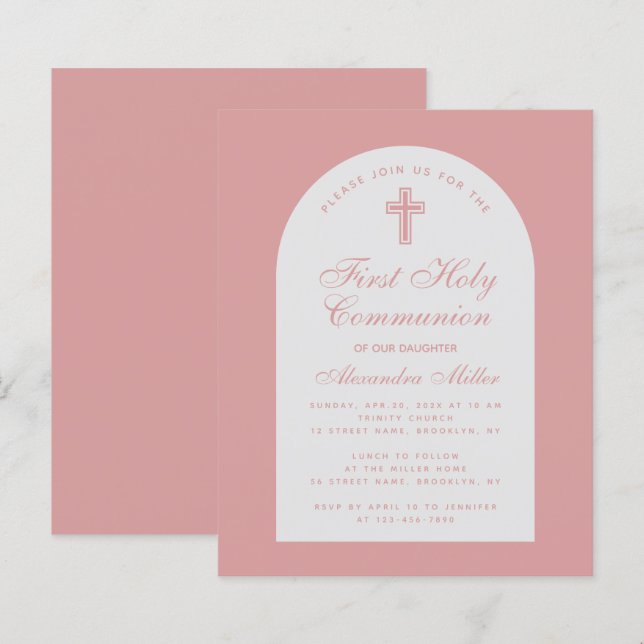 Budget Dusty Rose Arch First Communion Invitation  (Front/Back)