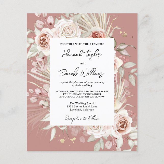 Budget Dusty Rose Boho Wedding Invitation (Front)
