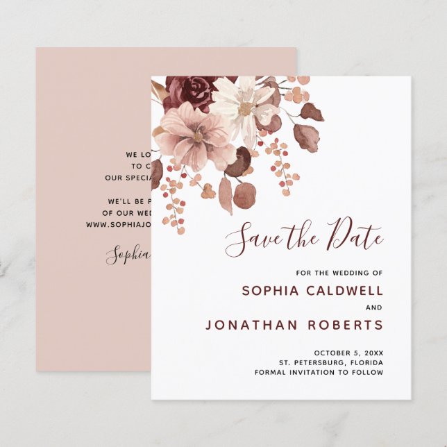 Budget Dusty Rose Eucalyptus Floral Save the Date (Front/Back)