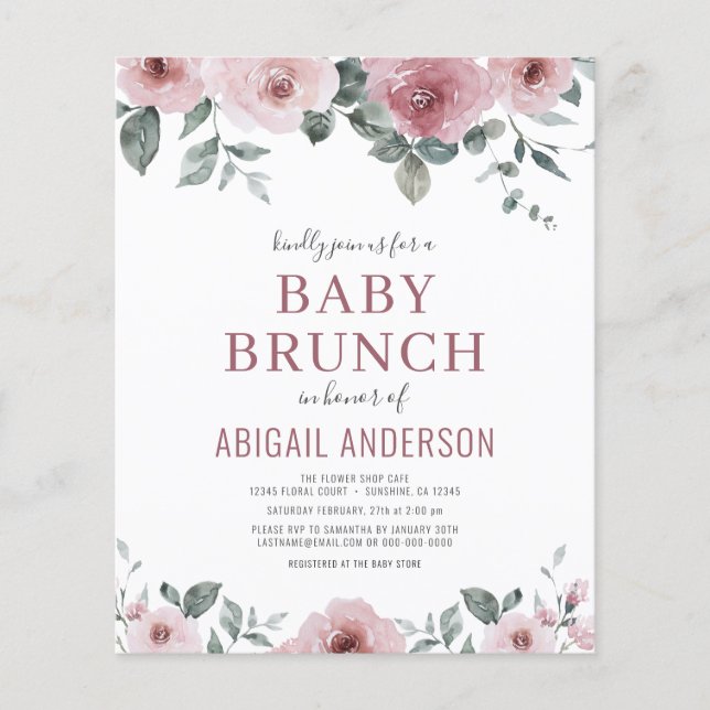 Budget Dusty Rose Floral Baby Brunch Invitation  Flyer (Front)