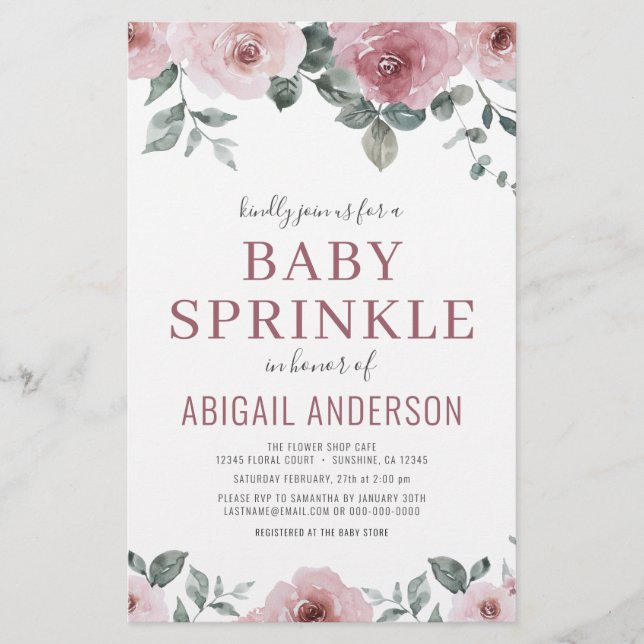 Budget Dusty Rose Floral Baby Sprinkle Invitation (Front)