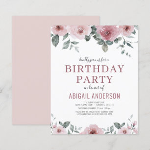 Budget Dusty Rose Floral Birthday Party Invitation