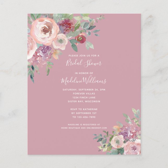 BUDGET Dusty Rose Floral Bridal Shower Invitation (Front)
