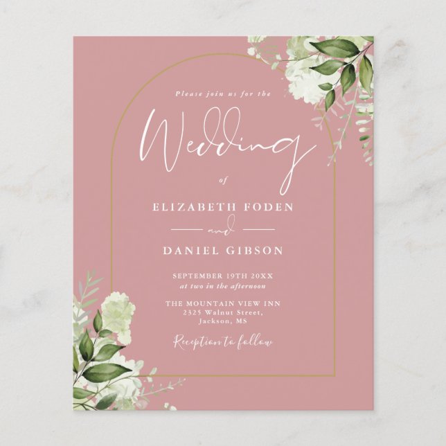 Budget Dusty Rose Floral Gold Arch Wedding Invite (Front)