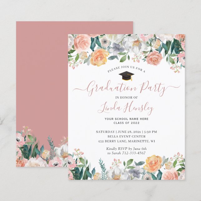 Budget Dusty Rose Floral Graduation Party Invite (Front/Back)