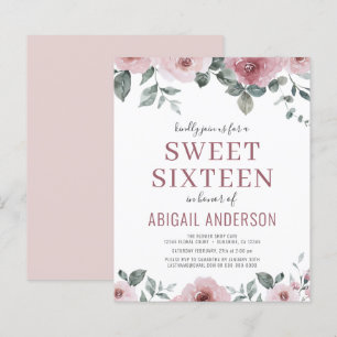 Budget Dusty Rose Floral Sweet Sixteen Invitation