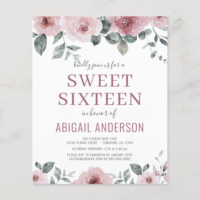Budget Dusty Rose Floral Sweet Sixteen Invitation Flyer (Front)