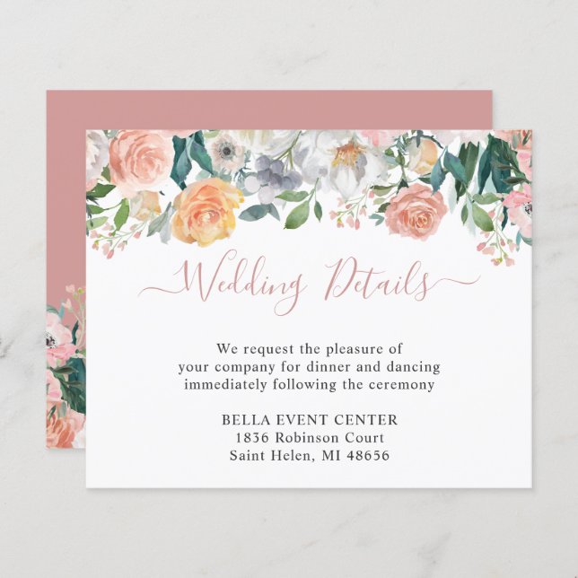 Budget Dusty Rose Floral Wedding Details Card (Front/Back)