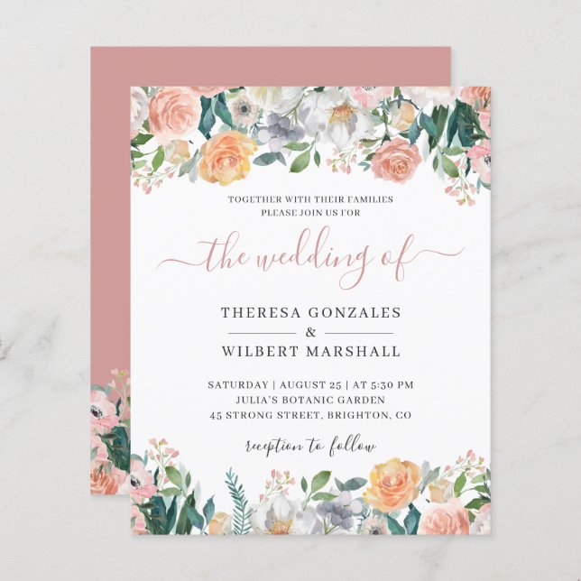 Budget Dusty Rose Floral Wedding Invitation (Front/Back)