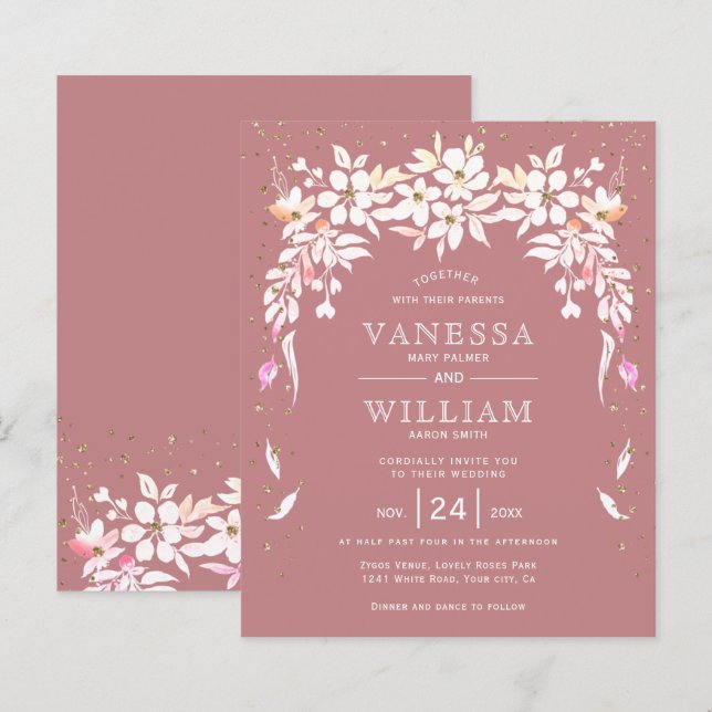 BUDGET dusty rose floral wedding invitation        (Front/Back)