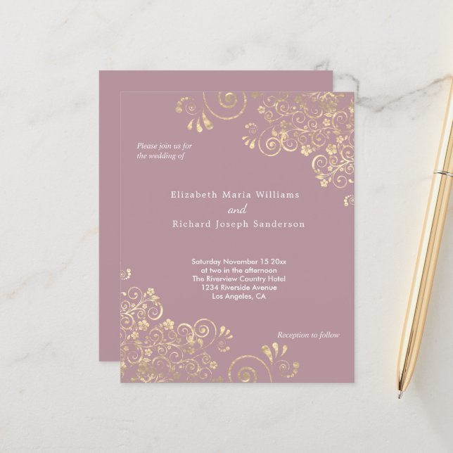 Budget Dusty Rose Gold Swirls Wedding Invitation (Front/Back In Situ)