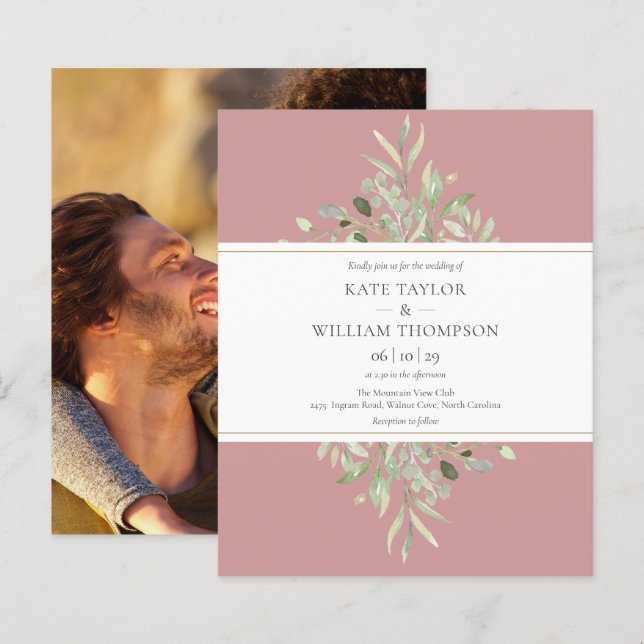 Budget Dusty Rose Greenery Wedding Photo Invite (Front/Back)