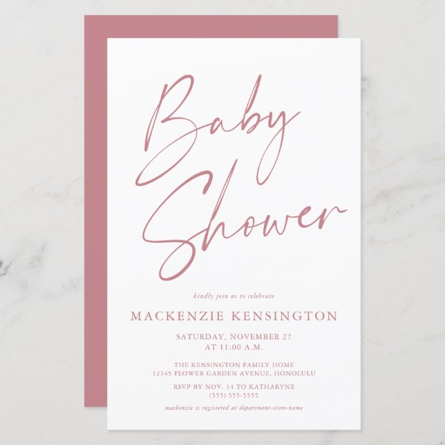 Budget Dusty Rose Mauve Simple Script Baby Shower (Front/Back)