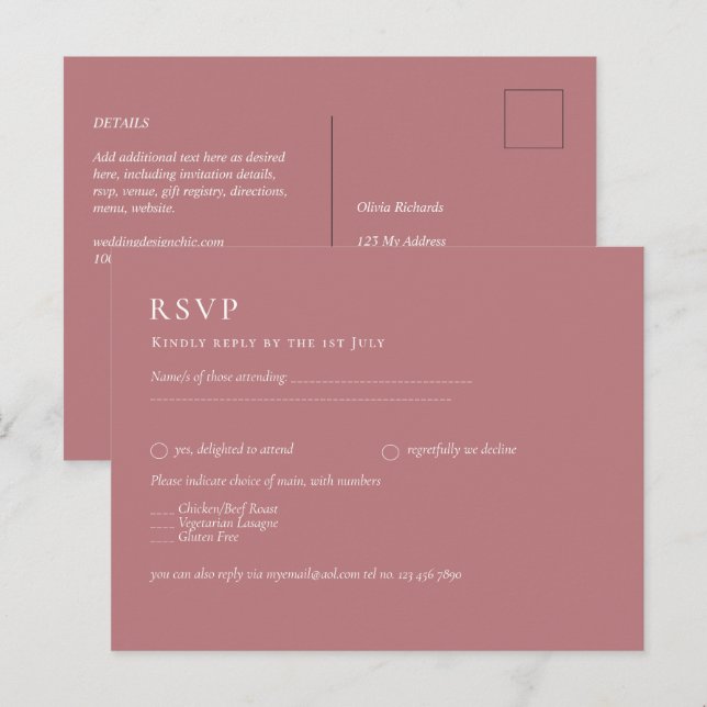 BUDGET Dusty Rose Monochrome RSVP Simple Plain Postcard (Front/Back)