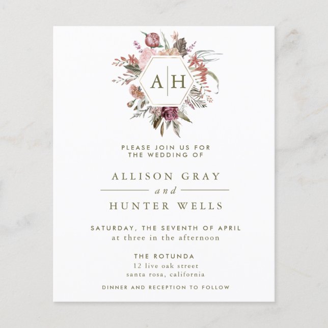 Budget Dusty Rose Monogram Wedding Invitation  Fly Flyer (Front)