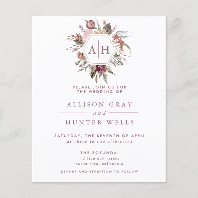 BUDGET Dusty Rose Monogram Wedding Invitation Flyer (Front)