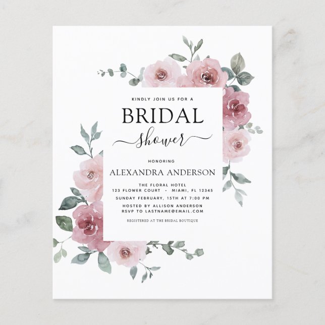 Budget Dusty Rose Pink Bridal Shower Floral Flyer (Front)